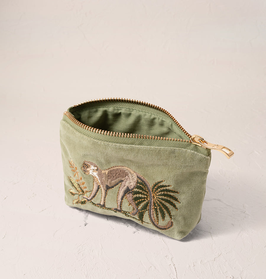 Monkeys Olive Velvet Coin Purse