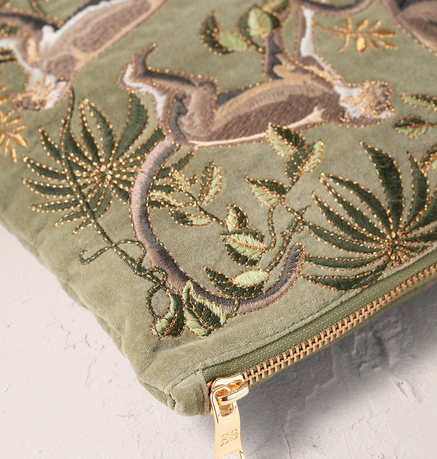 Monkeys Everyday Pouch- Olive/ Velvet