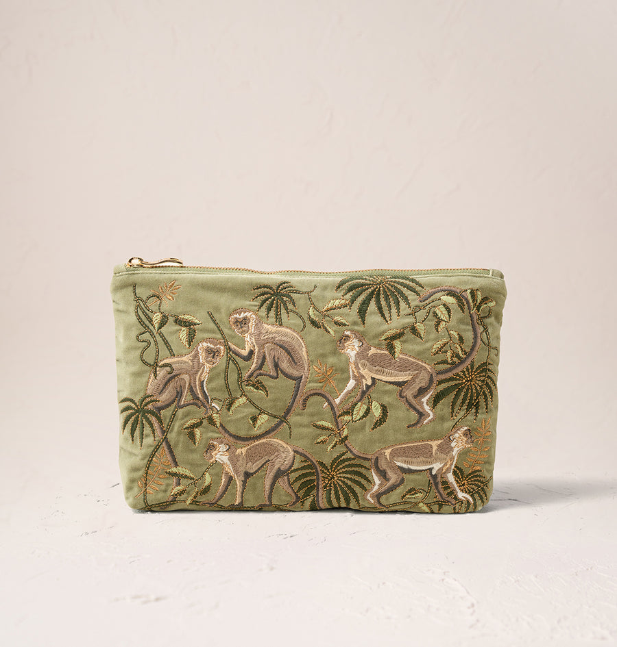 Monkeys Everyday Pouch- Olive/ Velvet