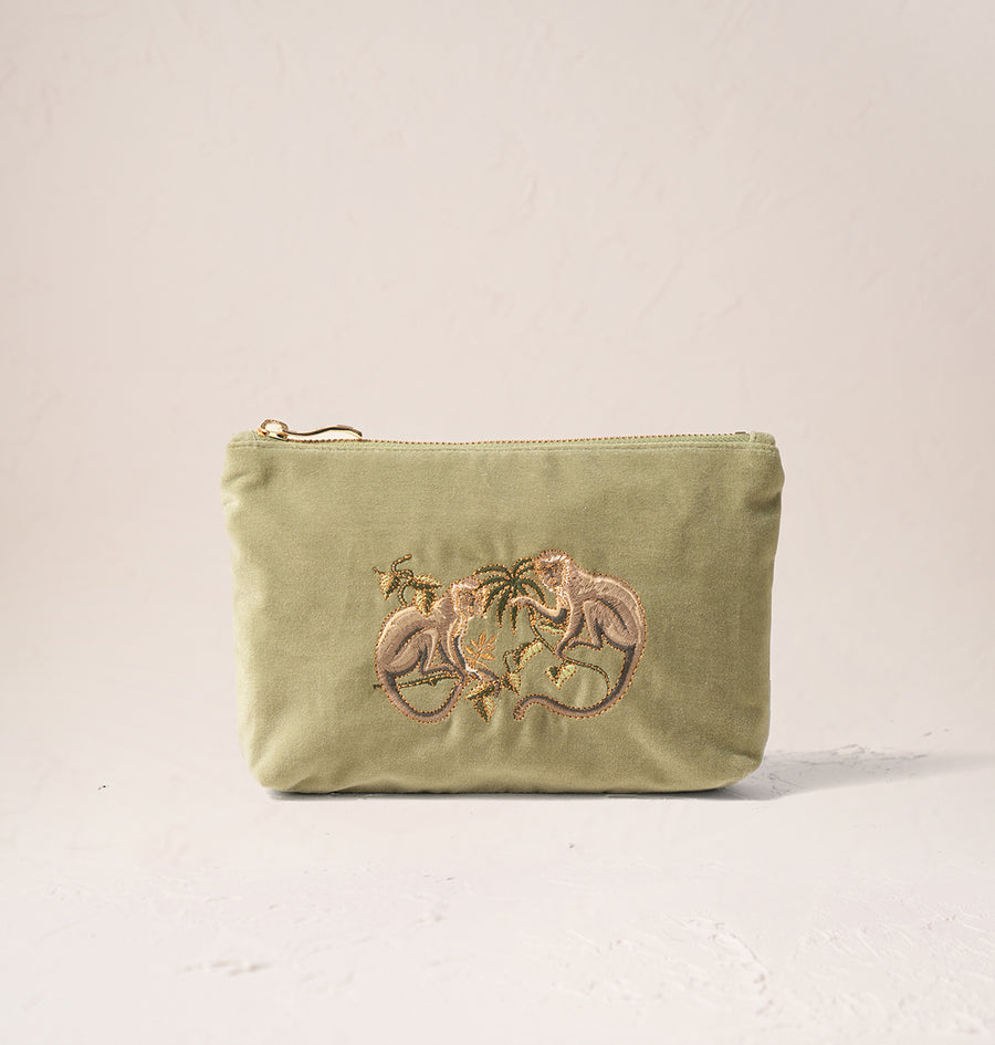 Monkeys Mini Pouch - Olive Velvet