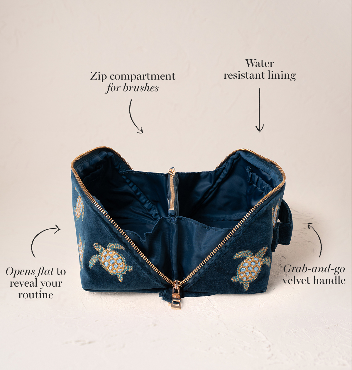 Turtle Conservation Marine Navy Velvet Open Flat Makeup Bag