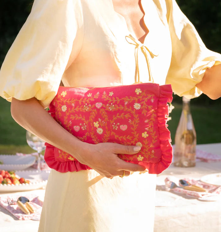 Mediterranean Garden Frill Everyday Pouch - Pink cotton