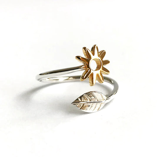 Adjustable Flower and Leaf Ring - Silver and Gold