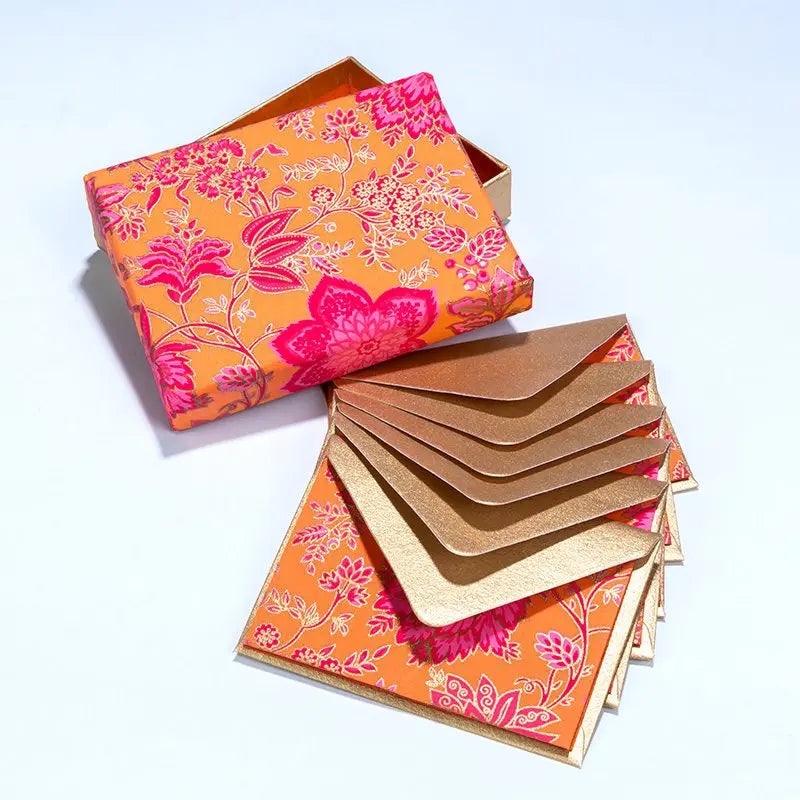 Orange and Pink Floral Notecards  - Box of 6