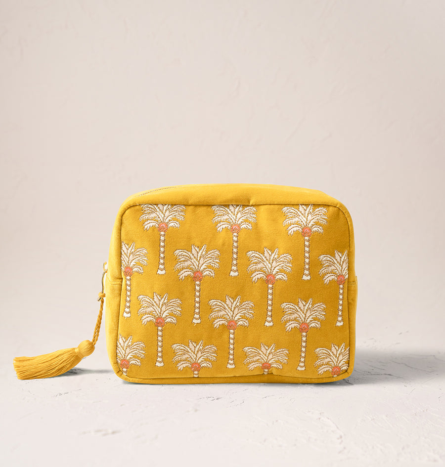 Sunrise Palms Velvet Wash Bag - Mustard Yellow