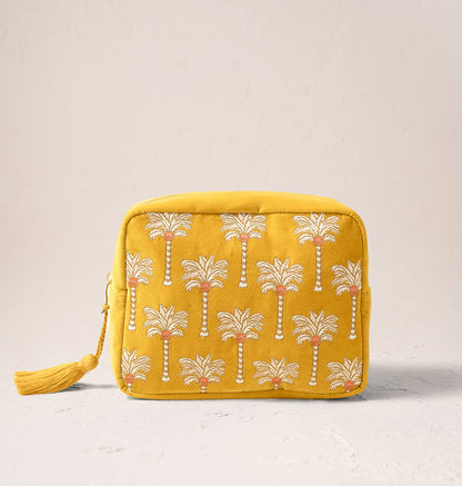 Sunrise Palms Velvet Wash Bag - Mustard Yellow