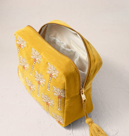 Sunrise Palms Velvet Wash Bag - Mustard Yellow