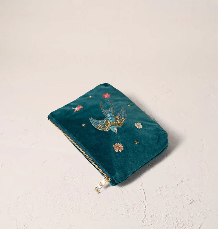 Swallows Rich Blue Velvet Mini Pouch