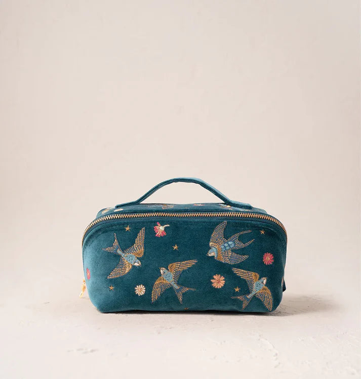 Swallows Rich Blue Velvet Open Flat Makeup Bag
