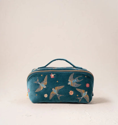 Swallows Rich Blue Velvet Open Flat Makeup Bag