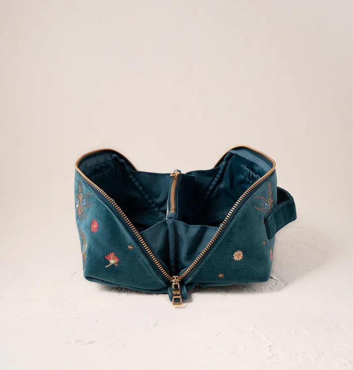 Swallows Rich Blue Velvet Open Flat Makeup Bag