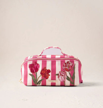 Tulip Stripe cotton Open Flat Makeup Bag - Pink