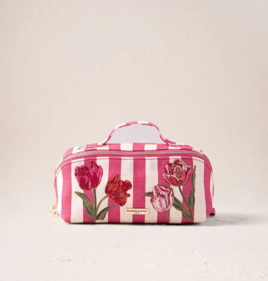 Tulip Stripe cotton Open Flat Makeup Bag - Pink