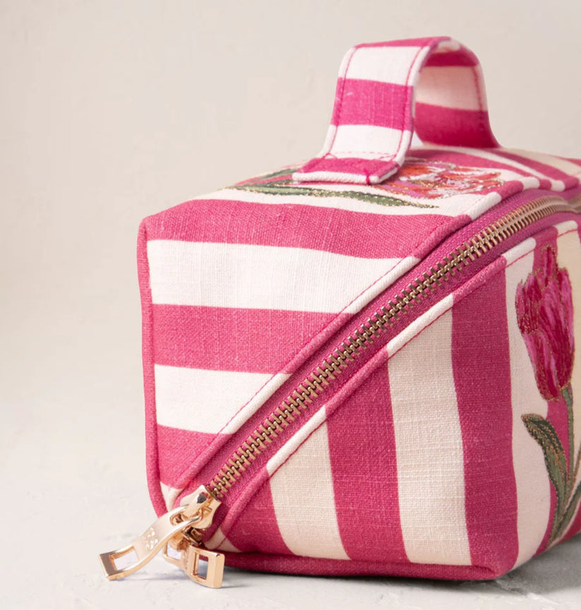 Tulip Stripe cotton Open Flat Makeup Bag - Pink
