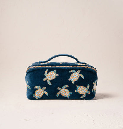 Turtle Conservation Marine Navy Velvet Open Flat Makeup Bag