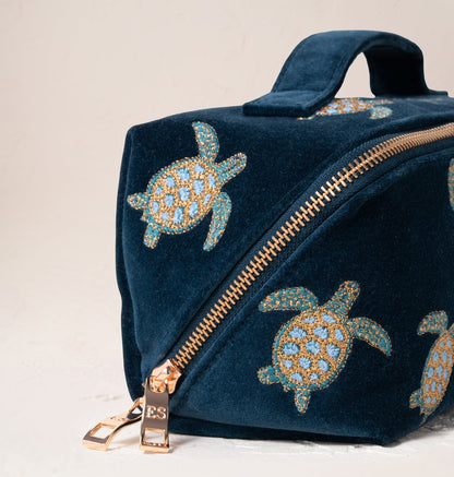 Turtle Conservation Marine Navy Velvet Open Flat Makeup Bag