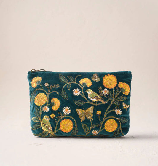 Wild Garden Velvet Everyday Pouch - Emerald