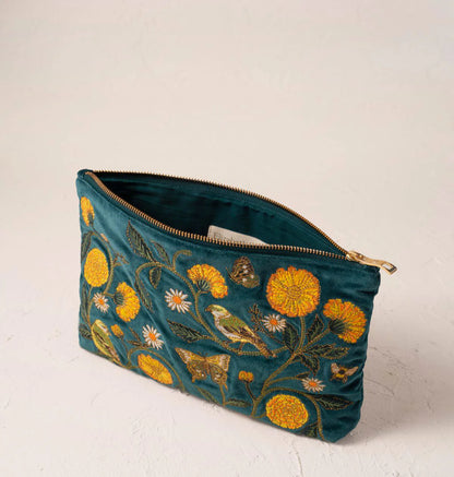 Wild Garden Velvet Everyday Pouch - Emerald