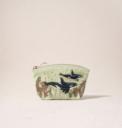 Wild Orcas Coin Purse - Celadon Velvet