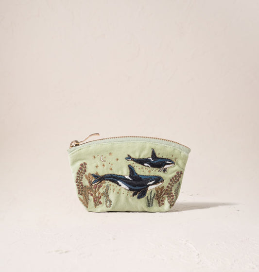 Wild Orcas Coin Purse - Celadon Velvet