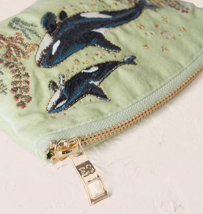 Wild Orcas Coin Purse - Celadon Velvet