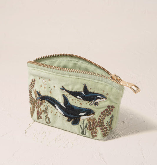 Wild Orcas Coin Purse - Celadon Velvet