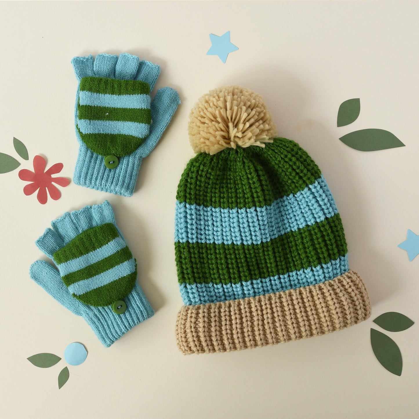 Cosy Striped Knitted Hat Green - 7-10 Years