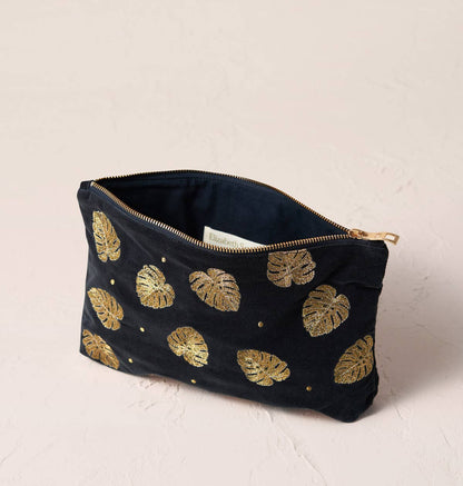 Gold Jungle Leaf Everyday Pouch - Charcoal Velvet