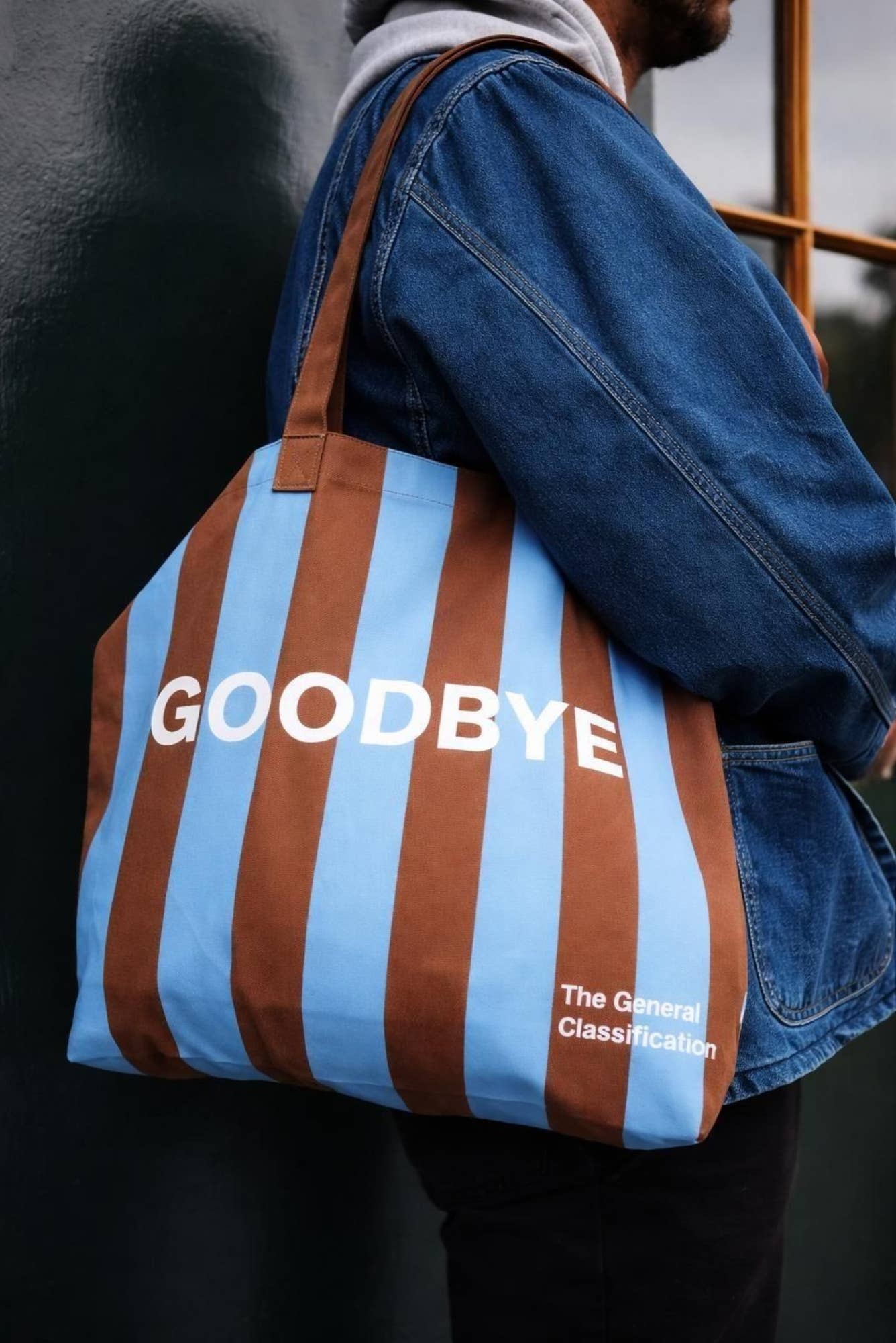 Hello Goodbye Tote Bag Blue Brown Stripe