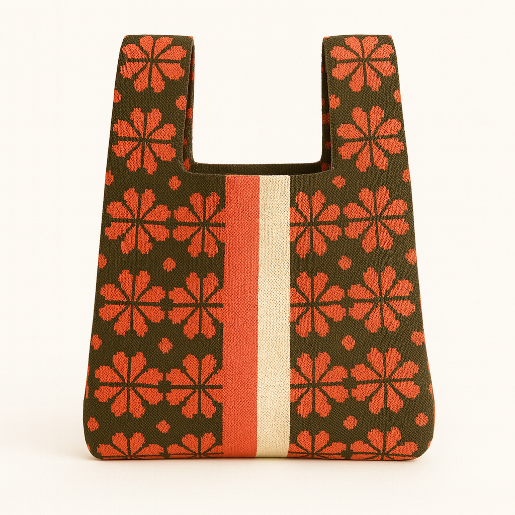 Floral Knitted Reusable Market Bag-Tote Bag-Giftable: Orange / Medium