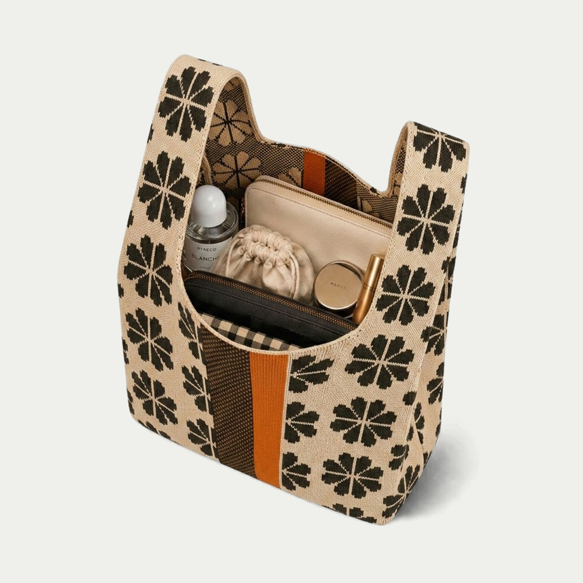 Floral Knitted Reusable Market Bag-Tote Bag-Giftable: Beige / Medium