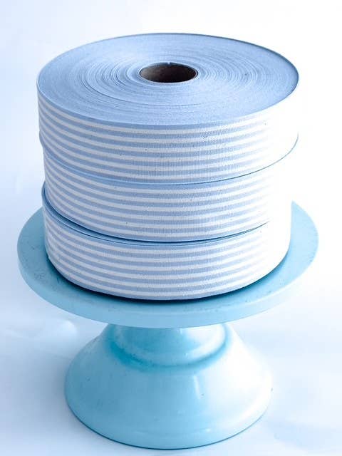 Striped Cotton Ribbon Multistripes Baby Blue/White 35mm - per metre