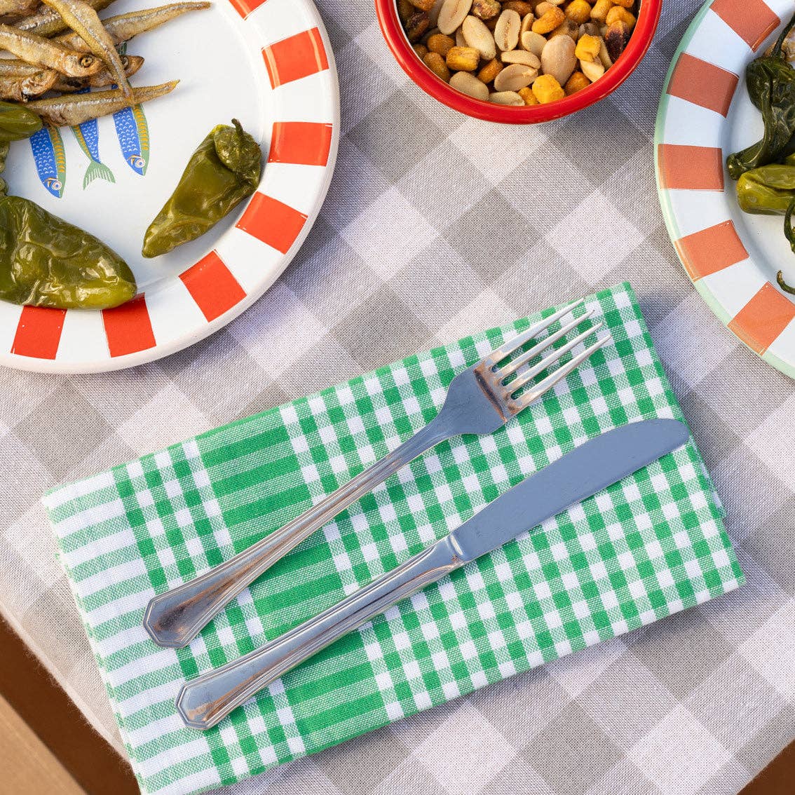 Green & White Fabric Gingham Napkins/Tea Towels | 2 Pack |