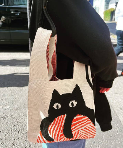 Cat Knitted Reusable Market Bag-Tote Bag-Giftable: Medium