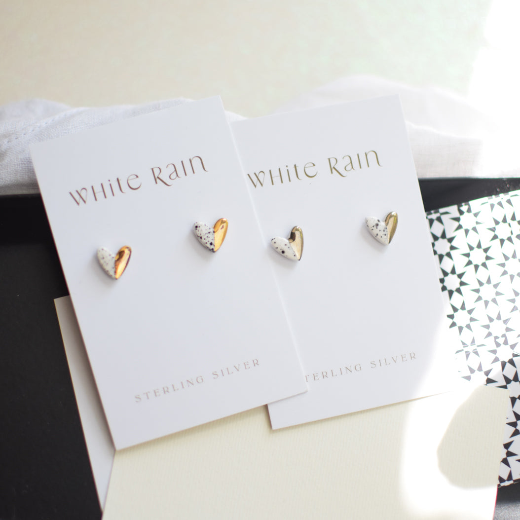 Spotty Heart Ceramic Studs With Platinum Lustre