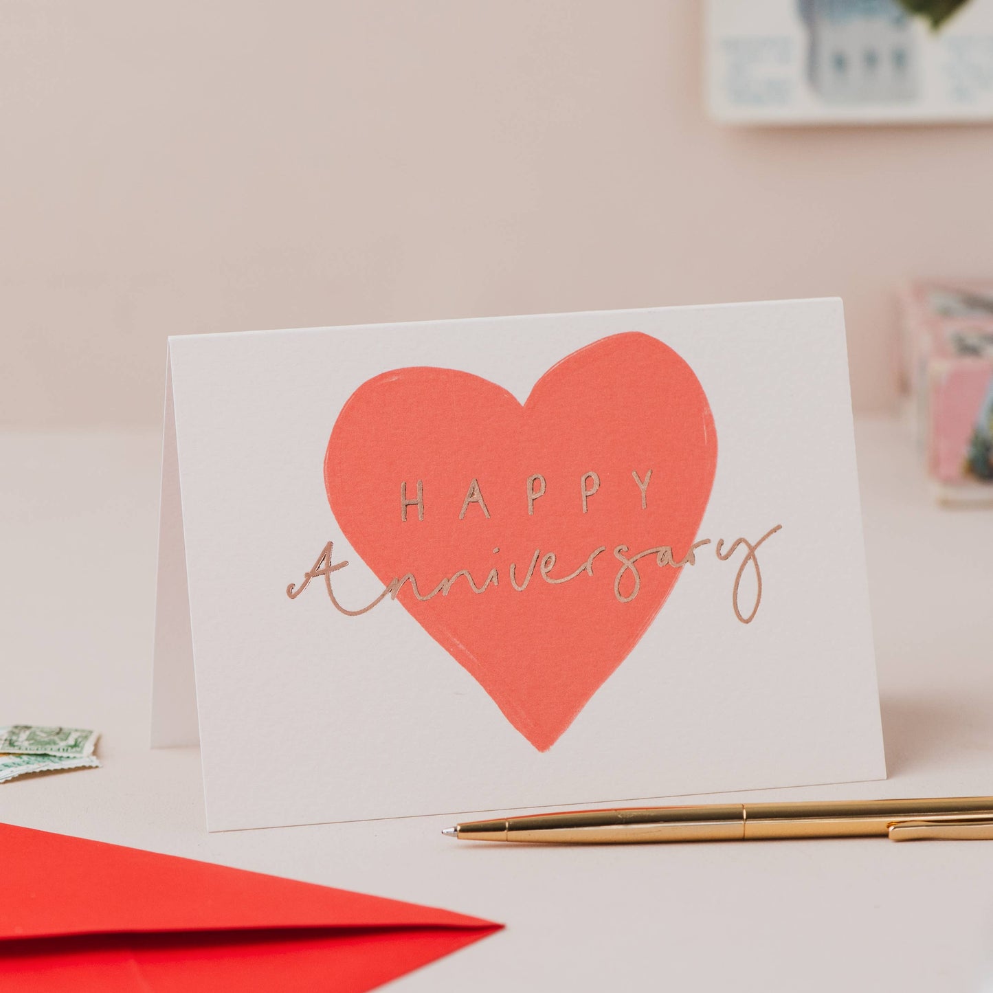 'Happy Anniversary' Red Heart Card with Rose Gold Foil Card: Cellophane