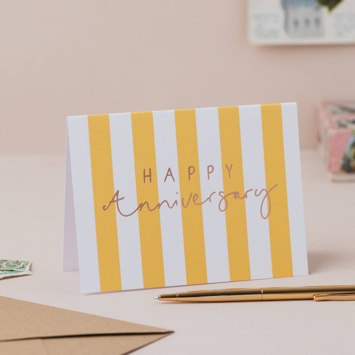 'Happy Anniversary' Yellow Stripe Hand Lettered Card: Cellophane