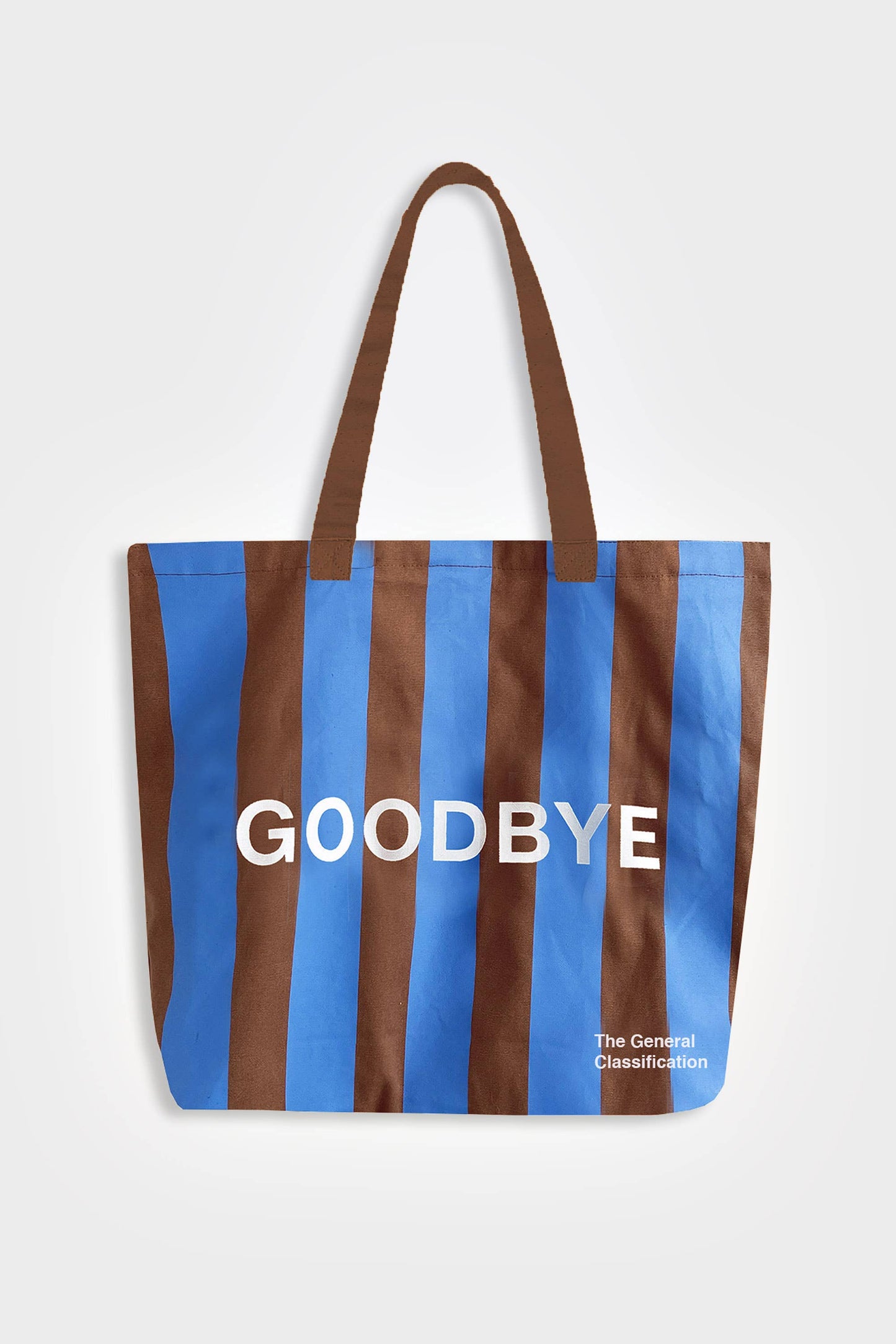 Hello Goodbye Tote Bag Blue Brown Stripe