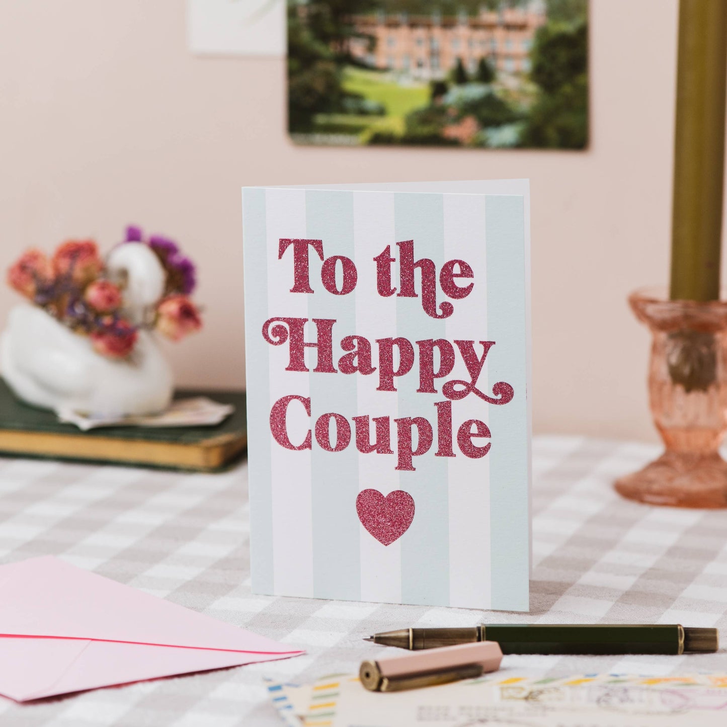 To the Happy Couple Stripe and Pink Glitter Wedding Card: Naked