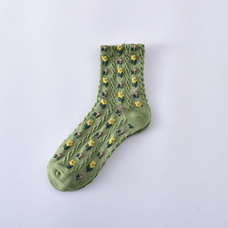 Small Knitted Cotton Floral Socks - Green