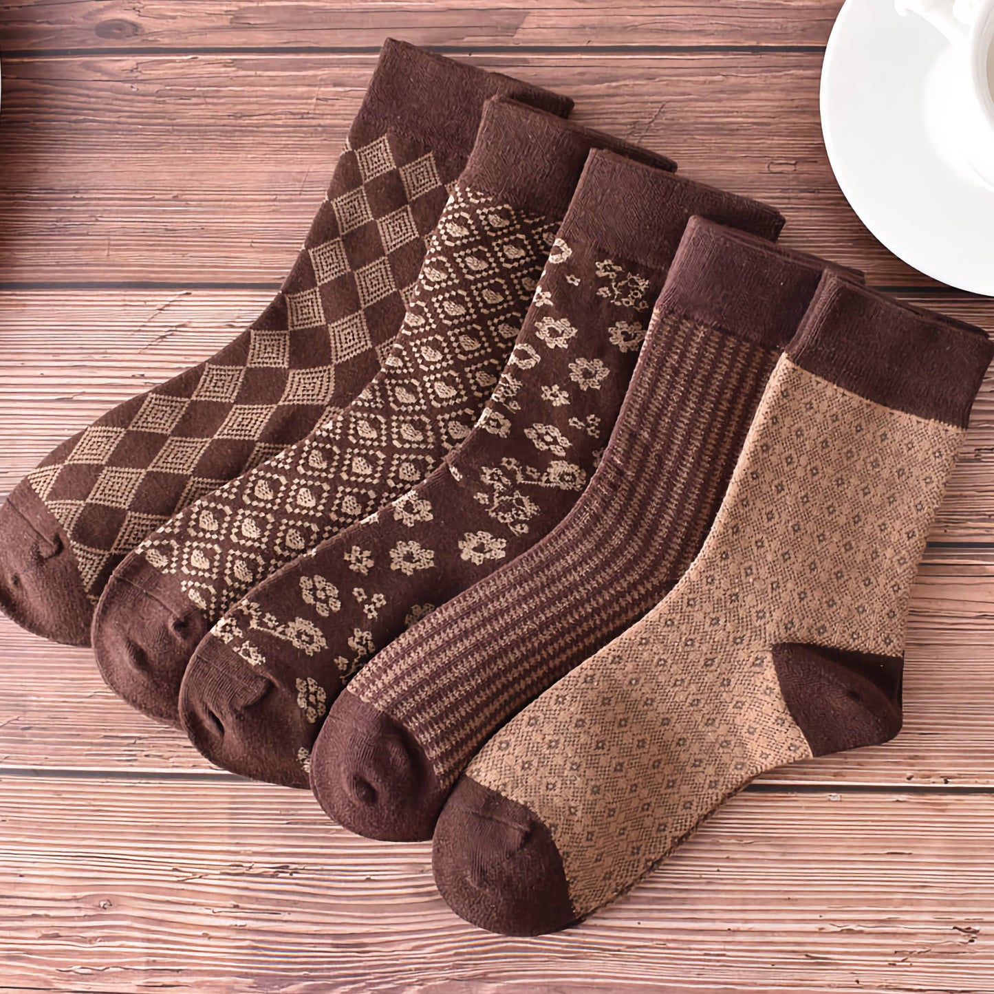 Retro Coffee Brown Cotton Socks for Women | No.5