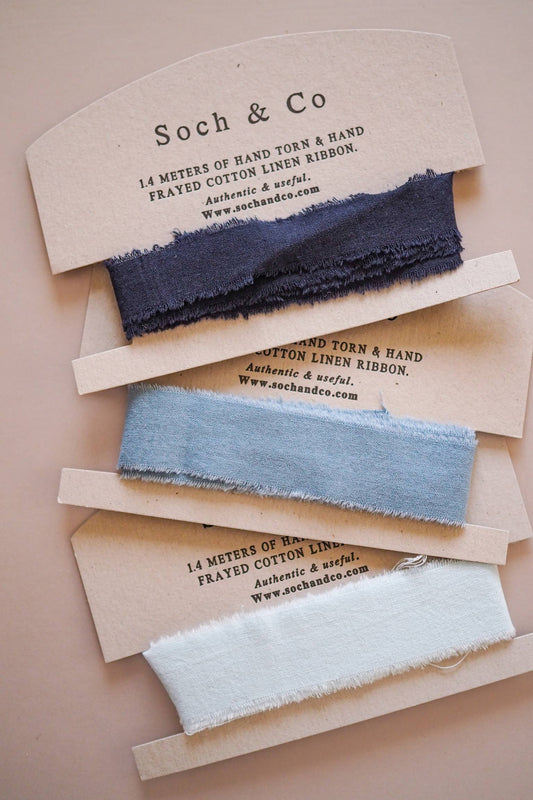 Hand frayed linen ribbon: Pale blue