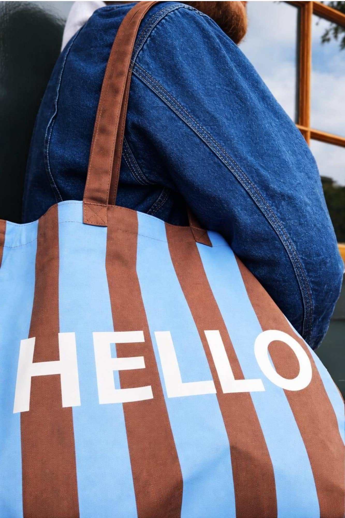Hello Goodbye Tote Bag Blue Brown Stripe