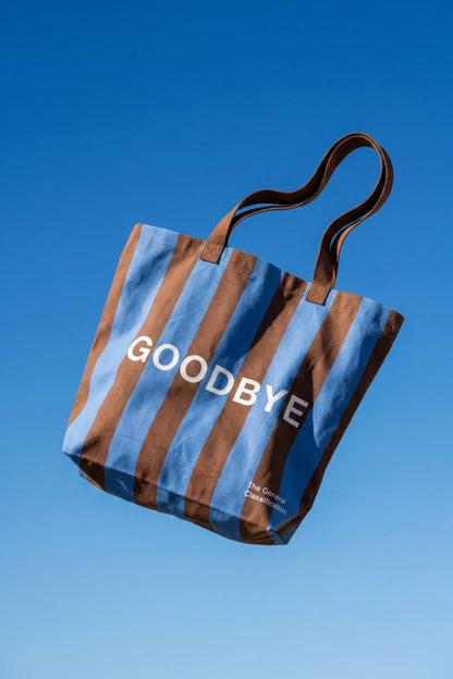 Hello Goodbye Tote Bag Blue Brown Stripe