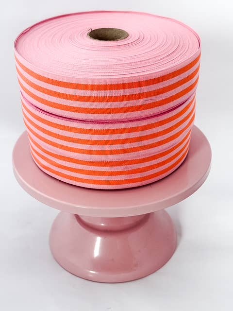 Striped Cotton Ribbon Multistripes Candy Pink/Orange 35mm - per metre