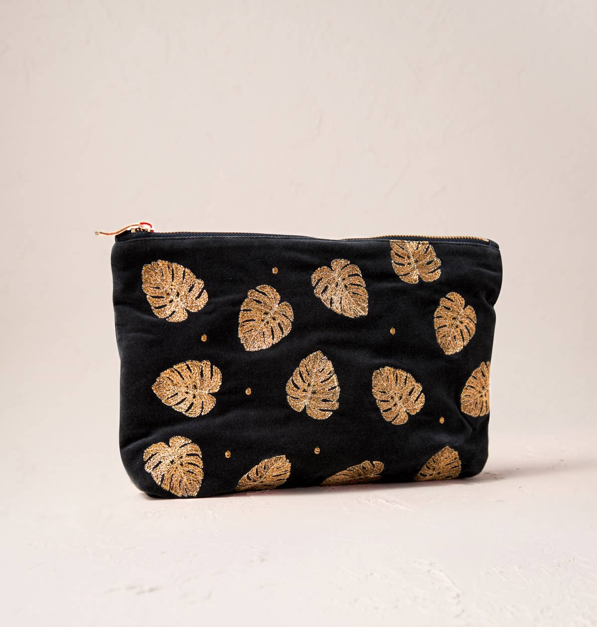 Gold Jungle Leaf Everyday Pouch - Charcoal Velvet