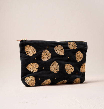 Gold Jungle Leaf Everyday Pouch - Charcoal Velvet