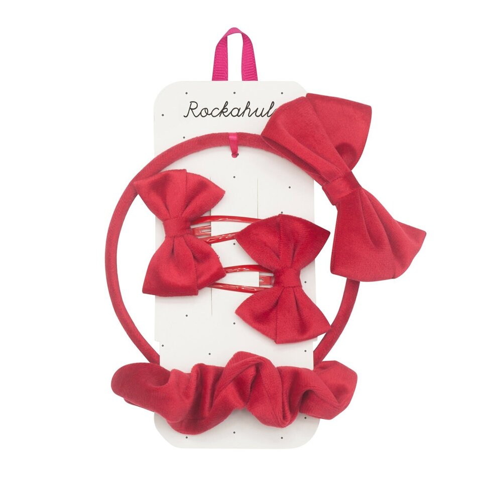 Velvet Bow School Hair Set - Red