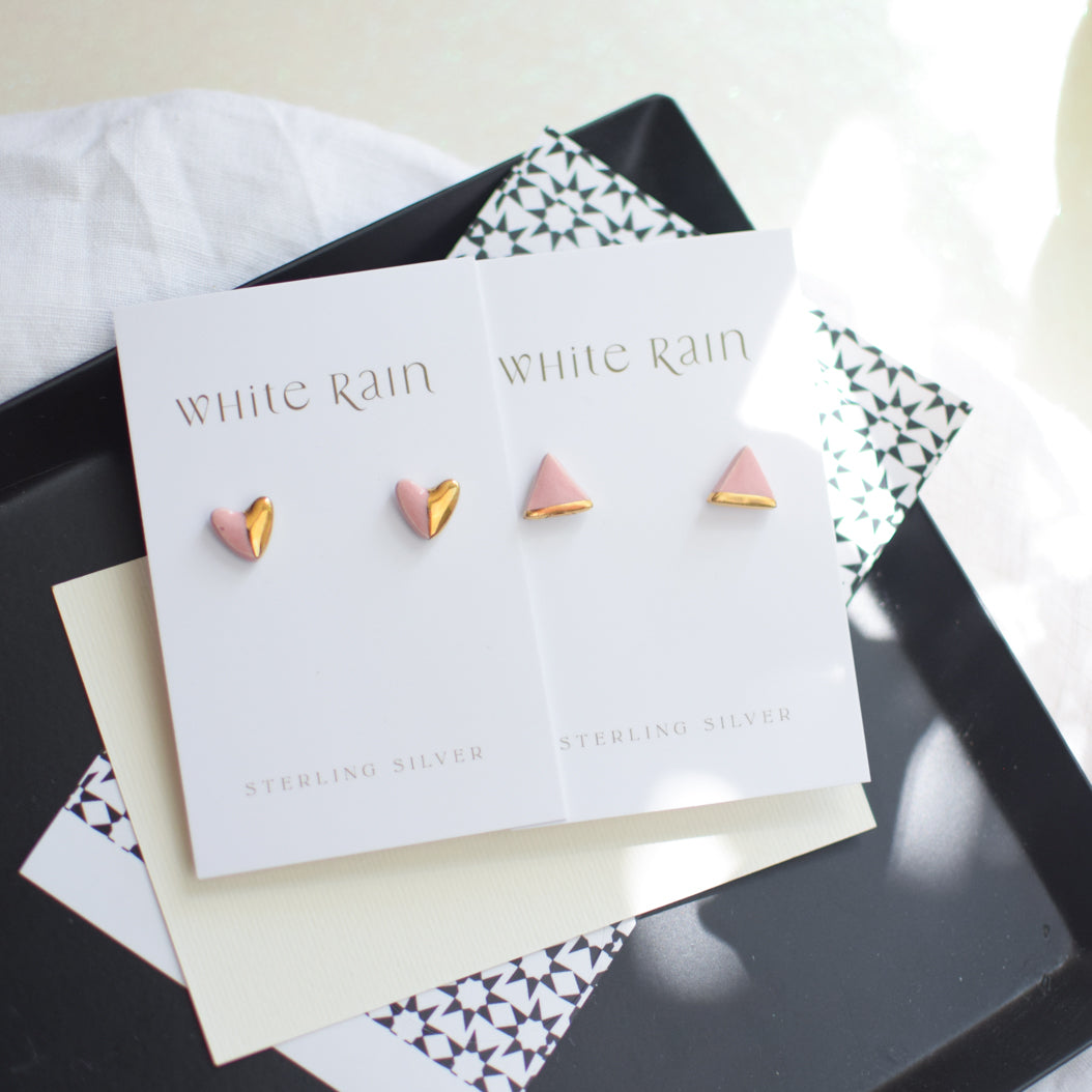 Pink Heart Ceramic Studs With Gold Lustre