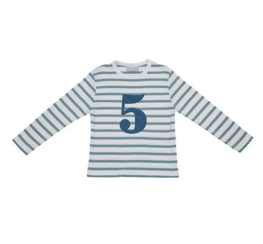Age 5 Ocean Blue and White Breton Striped T-Shirt